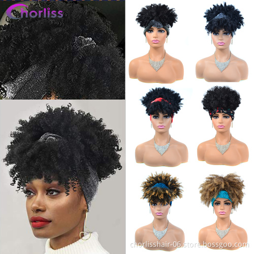 Wholesale Fashion Headbands Black Short Afro Wig Synthetic Braiding Wigs African Kinky Curly Box Wrap Puff Turban Hair